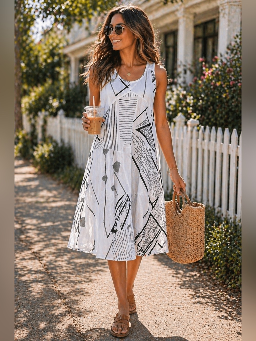 Radzoli White Midi Dress with Black Abstract Print